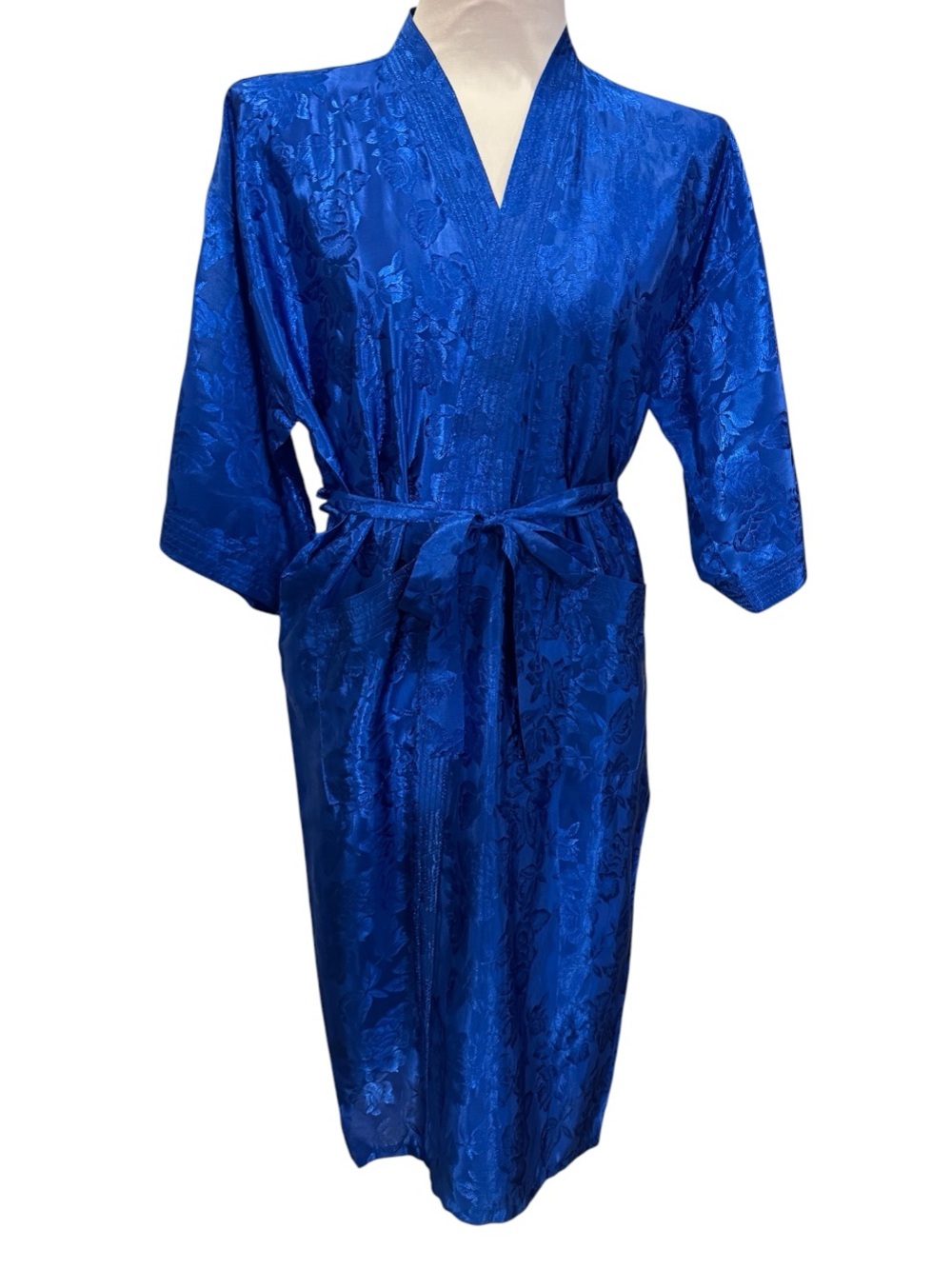 Thai Silk Label Cobalt Blue Floral Jacquard Kimono Robe Made in Thailand M/L